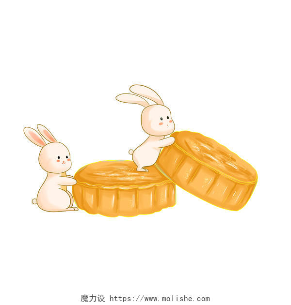 可爱粉色中秋节兔子在推月饼爬月饼中秋节国潮兔子